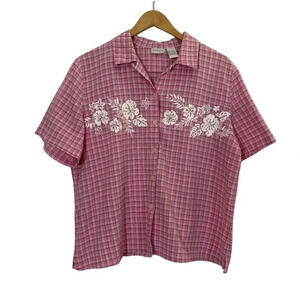 Koret Pale Pink Vintage Tropical Flower Buttons Gingham Sequin Size Large Retro